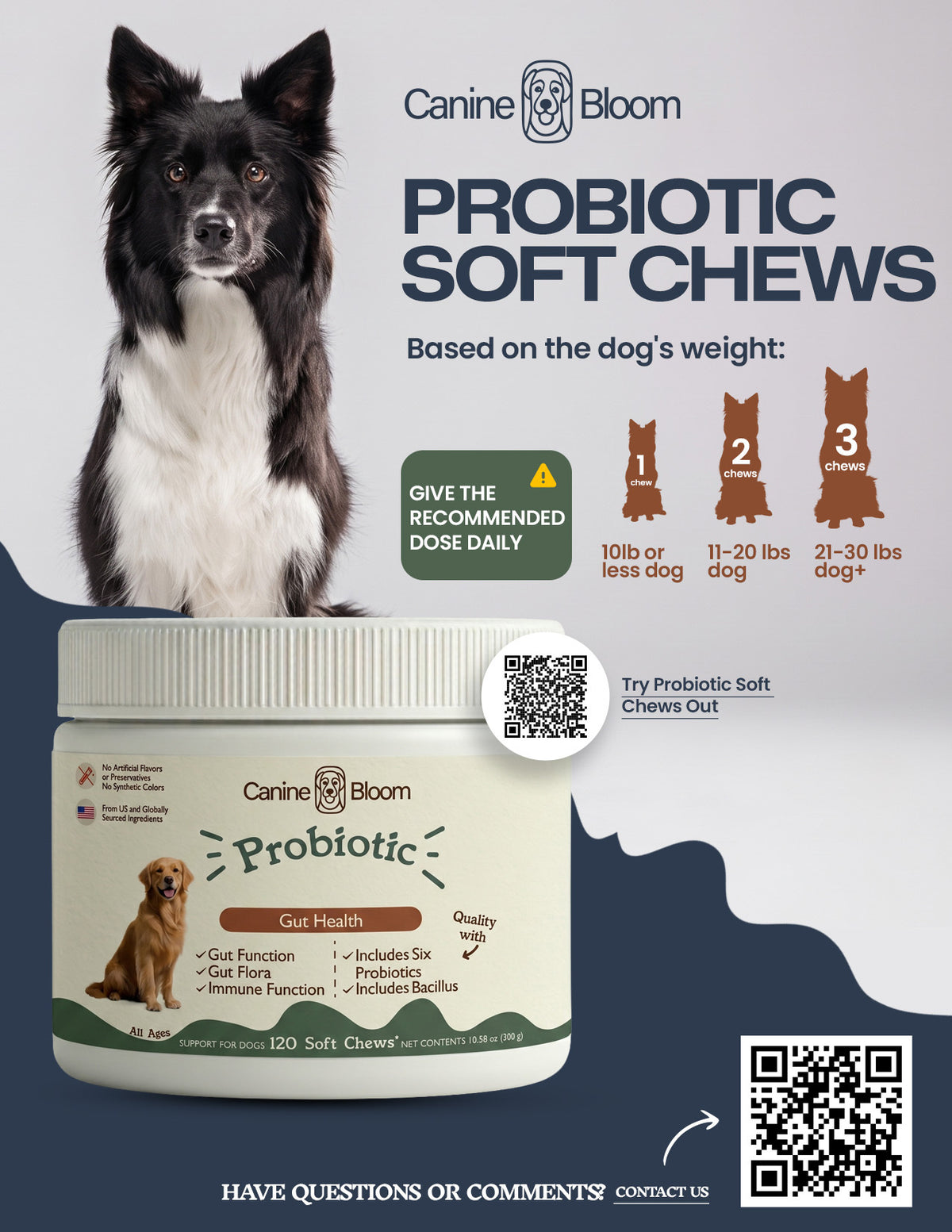 Canine Bloom Probiotic Soft Chews dog supplement container shown with a black-and-white dog portrait and dosage guidance based on dog weight, on a dark blue and white background with QR codes.