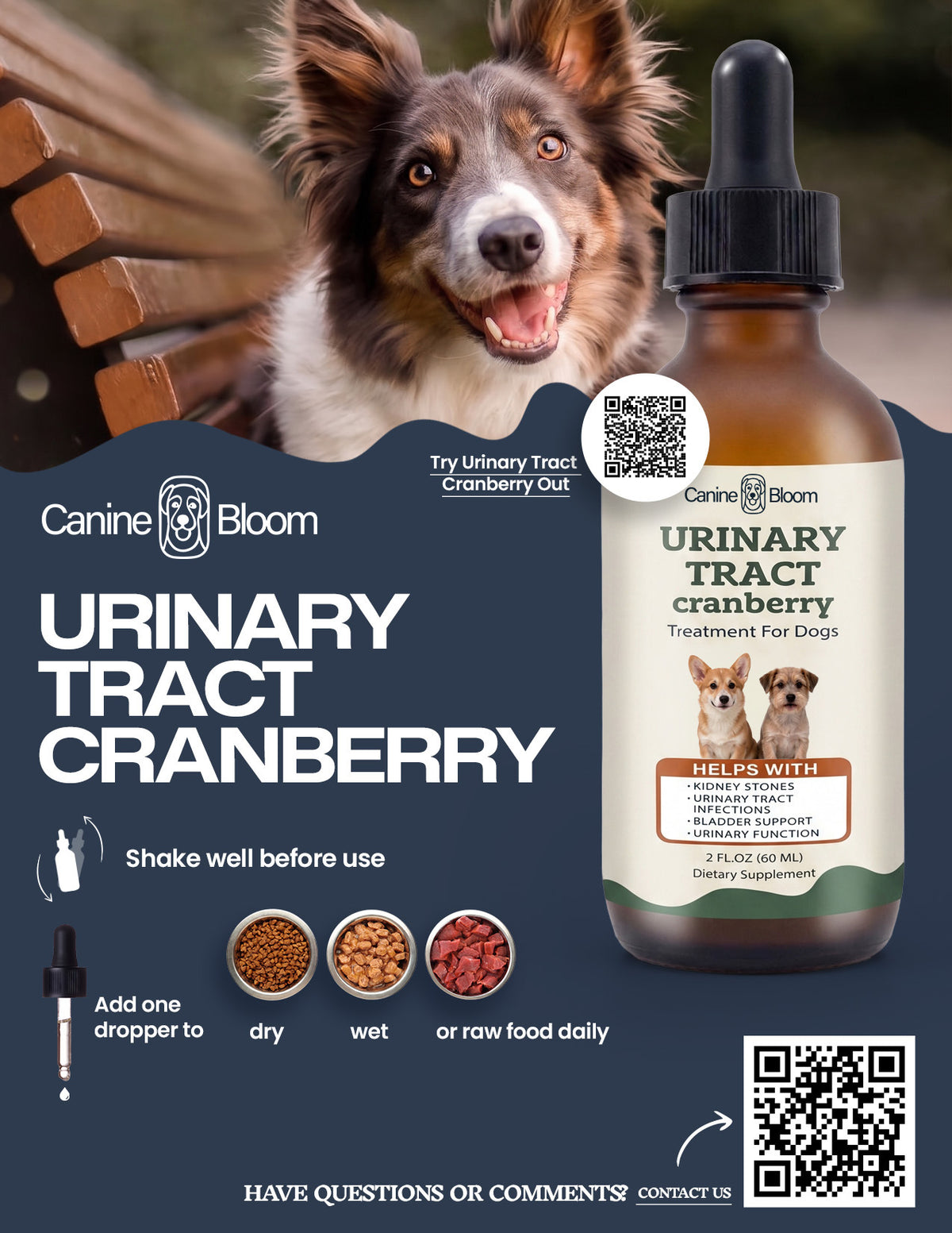 Canine Bloom Urinary Tract Cranberry treatment for dogs in a 2 fl oz dropper bottle, shown against a dark blue promotional background with a dog photo, usage instructions, and QR codes.