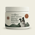 A white plastic jar of Canine Bloom Fresh Breath Dental Powder with a black and white dog on the label, set against a solid light beige background.