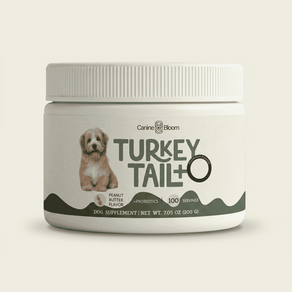 A white plastic jar of Canine Bloom Turkey Tail+ dog supplement, featuring a label with a small dog photo and dark green text, set against a solid light beige background.