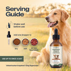 A golden retriever dog stands in a sunlit field next to an amber dropper bottle labeled CareFree Dogs Urinary Tract Cranberry Treatment for Dogs. The left side includes a 'Serving Guide' with text, dropper icons, and sample food bowls labeled dry, wet, and raw food daily.