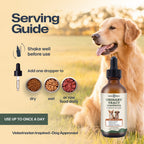 A golden retriever dog stands in a grassy field next to an amber dropper bottle labeled CareMajestic Urinary Tract Cranberry Treatment for Dogs. The left side includes a 'Serving Guide' with text, dropper icons, and small bowls showing dry, wet, and raw food options.