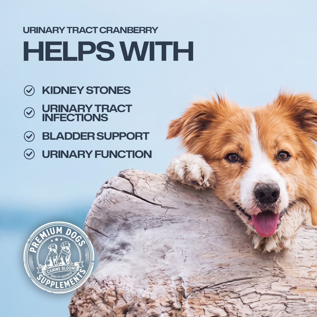 Promotional graphic for urinary tract cranberry supplements for dogs, featuring a brown and white dog resting on a log against a light blue background. Text lists benefits: helps with kidney stones, urinary tract infections, bladder support, and urinary function.